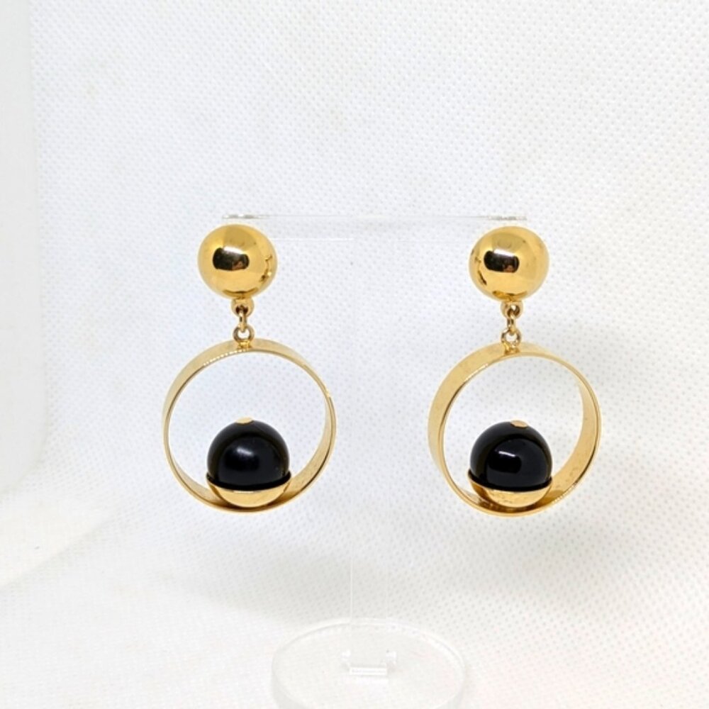 Vintage Wide Gold Tone Hoop Earrings Black Centre Bead Pierced Stud